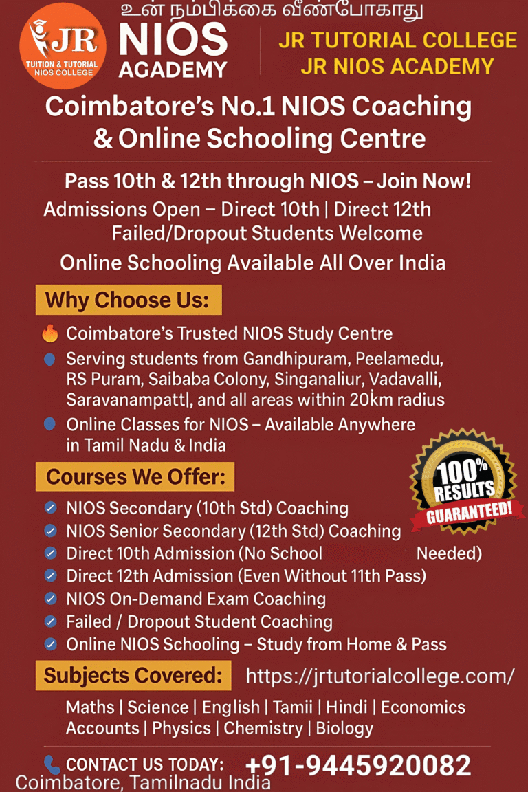 🏆 JR Tuition & JR Tutorial College | JR NIOS Academy – Coimbatore’s Best NIOS Coaching Centre