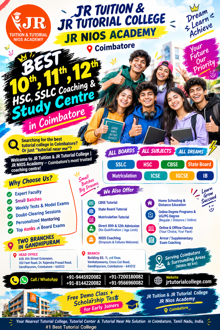🎓 JR Tuition & JR Tutorial College | JR Nios Academy – Best 10th, 11th, 12th, HSC, SSLC Coaching & Study Centre in Coimbatore, Tamilnadu, India